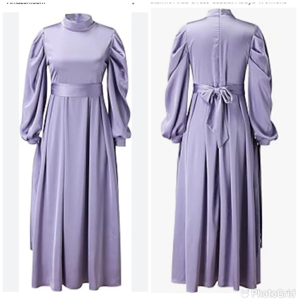 New High Neck Pleated Satin Lavender Dress